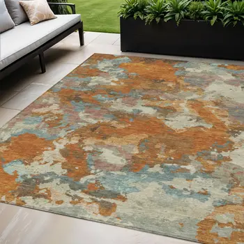 5' X 8' Copper And Orange Abstract Washable Indoor Outdoor Area Rug