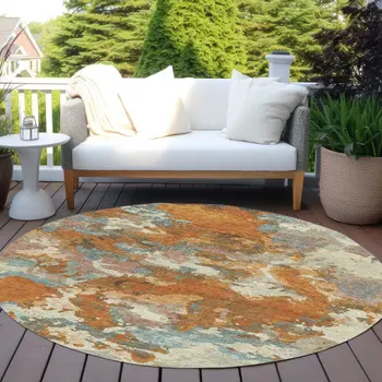8' Copper And Orange Round Abstract Washable Indoor Outdoor Area Rug