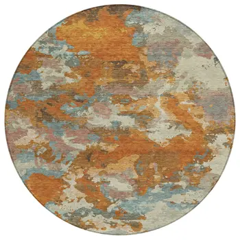 8' Copper And Orange Round Abstract Washable Indoor Outdoor Area Rug