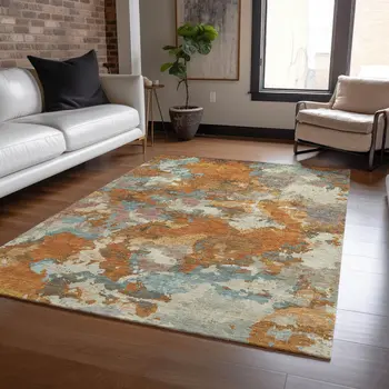 8' X 10' Copper And Orange Abstract Washable Indoor Outdoor Area Rug