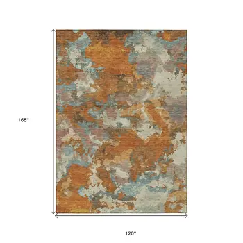 10' X 14' Copper And Orange Abstract Washable Indoor Outdoor Area Rug