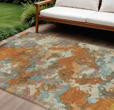 10' X 14' Copper And Orange Abstract Washable Indoor Outdoor Area Rug