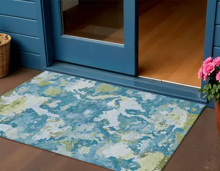 3' X 5' Denim Blue And Olive Green Abstract Washable Indoor Outdoor Area Rug
