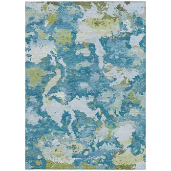 5' X 8' Denim Blue And Olive Green Abstract Washable Indoor Outdoor Area Rug