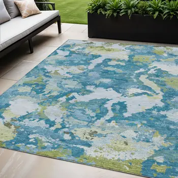 5' X 8' Denim Blue And Olive Green Abstract Washable Indoor Outdoor Area Rug