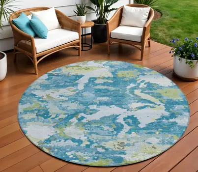 8' Denim Blue And Olive Green Round Abstract Washable Indoor Outdoor Area Rug