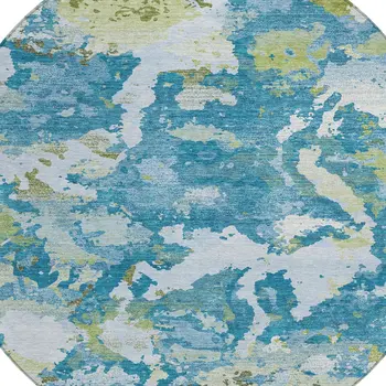 8' Denim Blue And Olive Green Round Abstract Washable Indoor Outdoor Area Rug