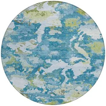 8' Denim Blue And Olive Green Round Abstract Washable Indoor Outdoor Area Rug