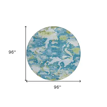 8' Denim Blue And Olive Green Round Abstract Washable Indoor Outdoor Area Rug