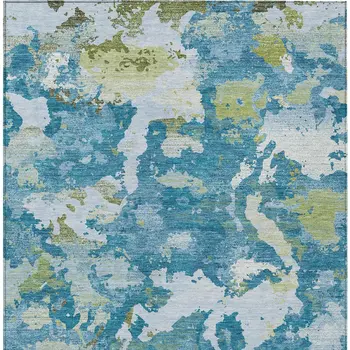 10' X 14' Denim Blue And Olive Green Abstract Washable Indoor Outdoor Area Rug