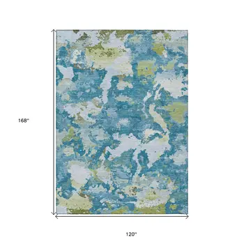10' X 14' Denim Blue And Olive Green Abstract Washable Indoor Outdoor Area Rug