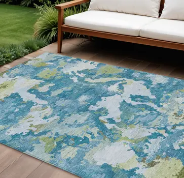 10' X 14' Denim Blue And Olive Green Abstract Washable Indoor Outdoor Area Rug