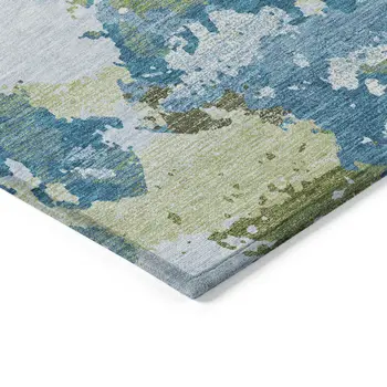 10' X 14' Denim Blue And Olive Green Abstract Washable Indoor Outdoor Area Rug