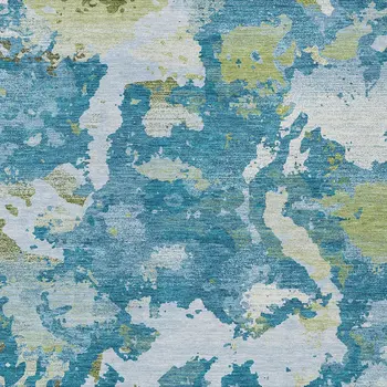 10' X 14' Denim Blue And Olive Green Abstract Washable Indoor Outdoor Area Rug