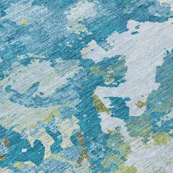 10' X 14' Denim Blue And Olive Green Abstract Washable Indoor Outdoor Area Rug