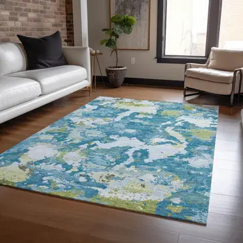 10' X 14' Denim Blue And Olive Green Abstract Washable Indoor Outdoor Area Rug