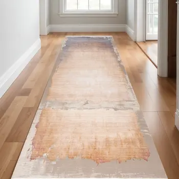 9' Beige Blue And Brown Abstract Runner Rug