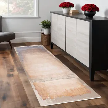 7' Beige Blue And Brown Abstract Runner Rug
