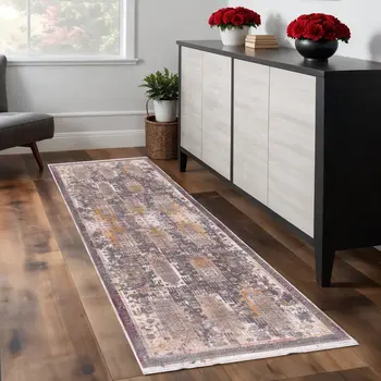 7' Gray Beige And Orange Southwestern Runner Rug