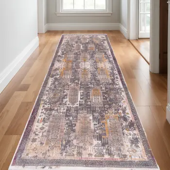 30' Runner Gray Beige And Orange Southwestern Area Rug