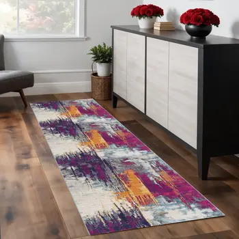 7' Purple Orange And Gray Abstract Runner Rug