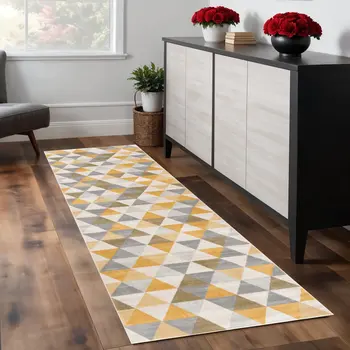9' Yellow Beige And Gray Geometric Runner Rug
