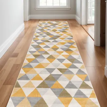 19' Runner Yellow Beige And Gray Geometric Runner Rug
