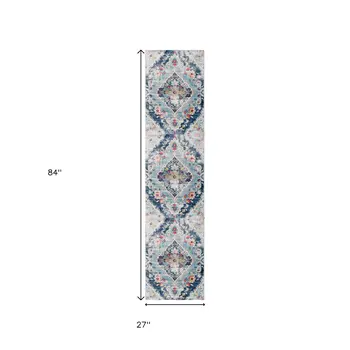 7' Blue Gray And Ivory Medallion Runner Rug