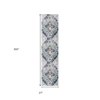 25' Runner Blue Gray And Ivory Medallion Runner Rug