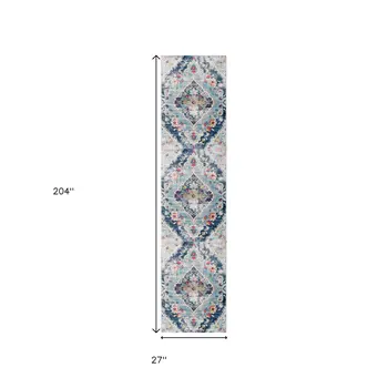 17' Runner Blue Gray And Ivory Medallion Runner Rug