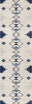 9' Blue Beige And Gray Southwestern Runner Rug