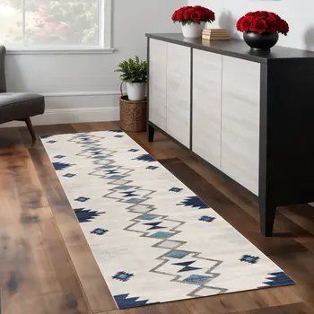 9' Blue Beige And Gray Southwestern Runner Rug