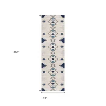 9' Blue Beige And Gray Southwestern Runner Rug