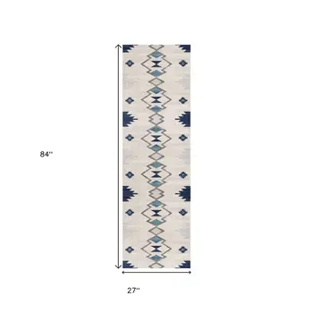 7' Blue Beige And Gray Southwestern Runner Rug