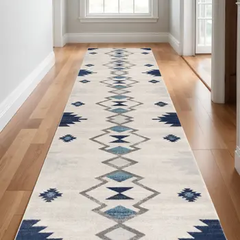 30' Runner Blue Beige And Gray Southwestern Area Rug