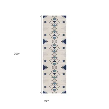25' Runner Blue Beige And Gray Southwestern Runner Rug