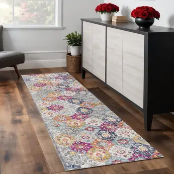 7' Rust Gray And Sky Blue Floral Runner Rug