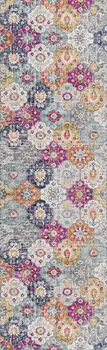 7' Rust Gray And Sky Blue Floral Runner Rug