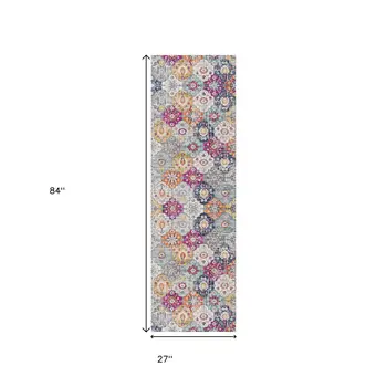 7' Rust Gray And Sky Blue Floral Runner Rug