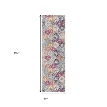 25' Runner Rust Gray And Sky Blue Floral Runner Rug