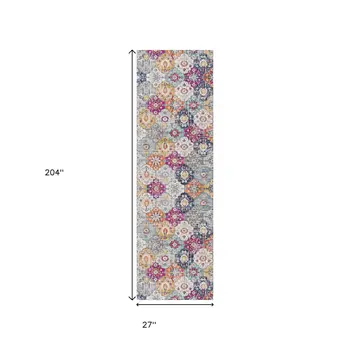 17' Runner Rust Gray And Sky Blue Floral Runner Rug