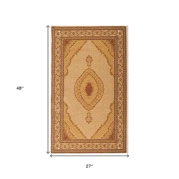 2' X 4' Tan Brown And Burgundy Oriental Area Rug