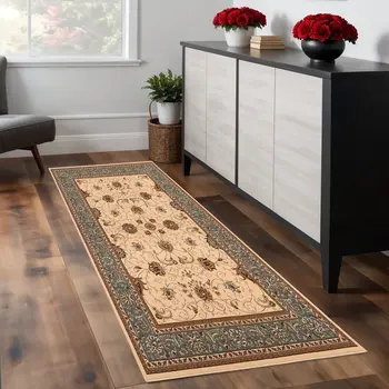 7' Dark Gray Tan And Brown Oriental Runner Rug