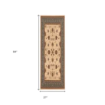 7' Dark Gray Tan And Brown Oriental Runner Rug