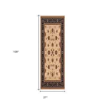 9' Black Tan And Brown Oriental Runner Rug
