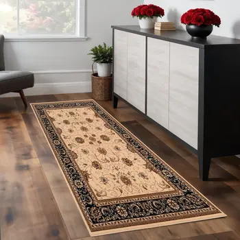 7' Black Tan And Brown Oriental Runner Rug