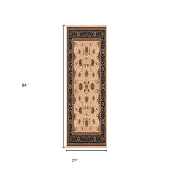 7' Black Tan And Brown Oriental Runner Rug