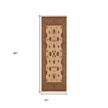 7' Tan And Brown Oriental Runner Rug