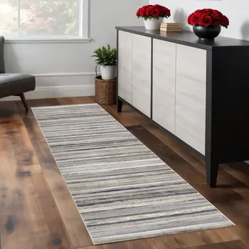 7' Blue Brown And Sand Striped Runner Rug