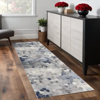 7' Blue Beige And Gray Cobblestone Runner Rug